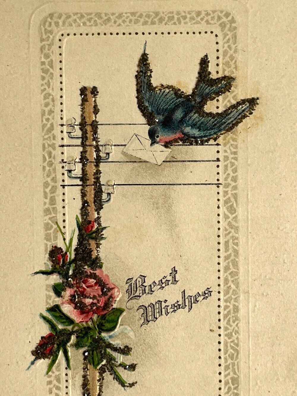 Antique 1917 Postcard Ephemera Embossed Unposted Signed Sparrow Flower Rose SEE